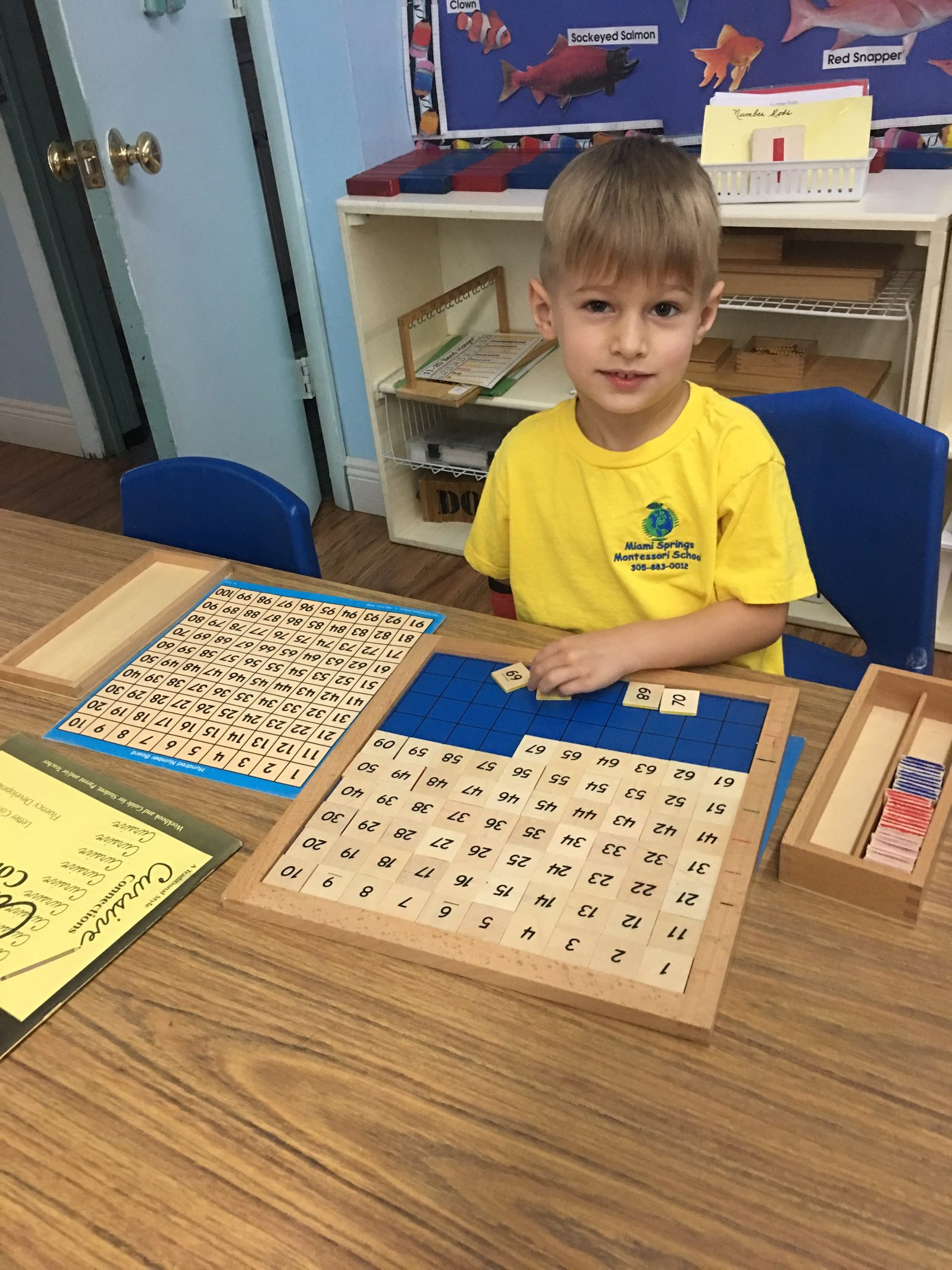 Boy concentrating on the Montessori hundred board math material
