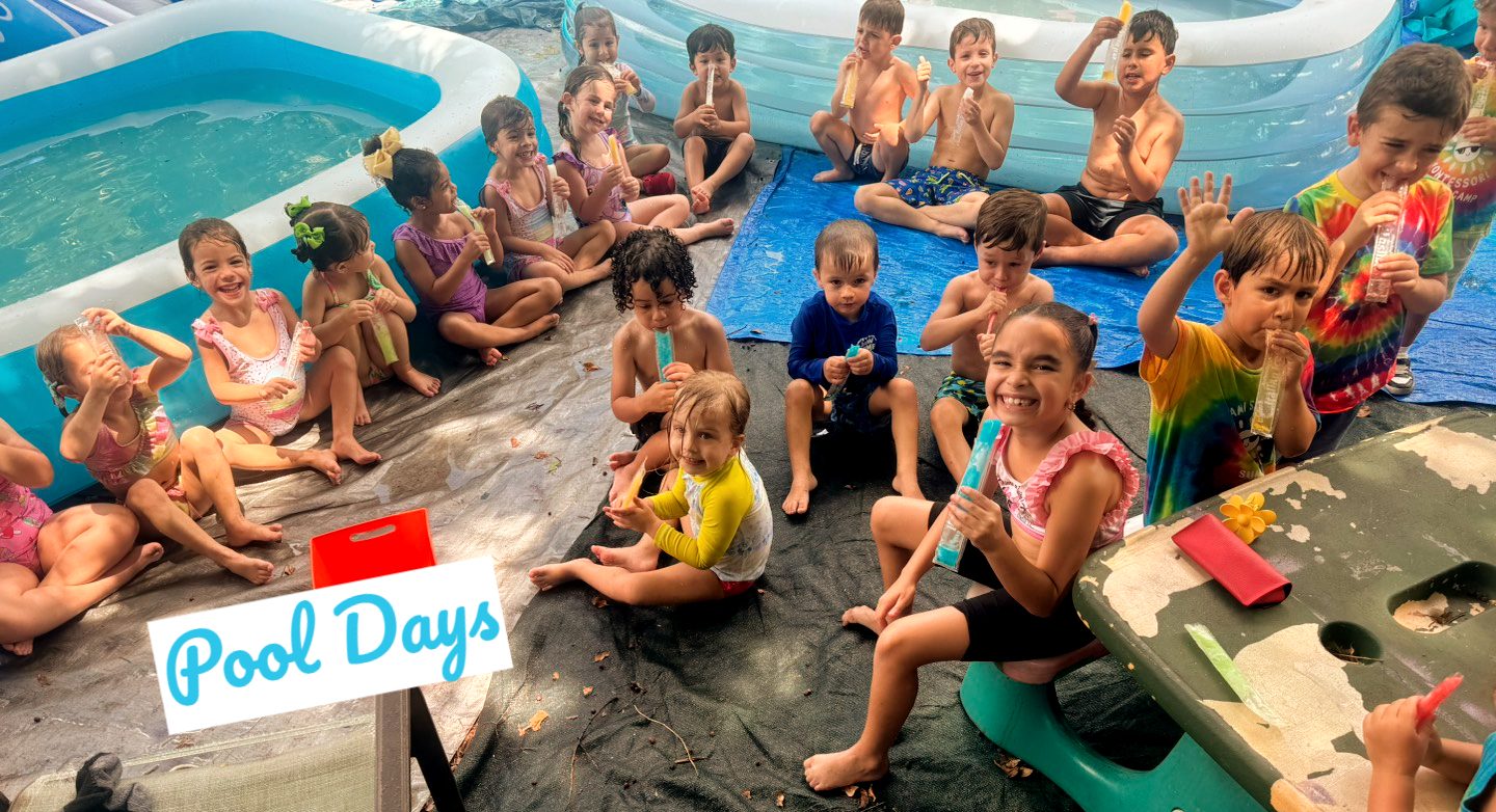 Campers enjoying supervised pool play on a sunny day